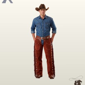 Men's western cowboy chaps crafted from reddish brown suede, styled with a denim shirt, brown felt hat, and silver engraved waist buckle.