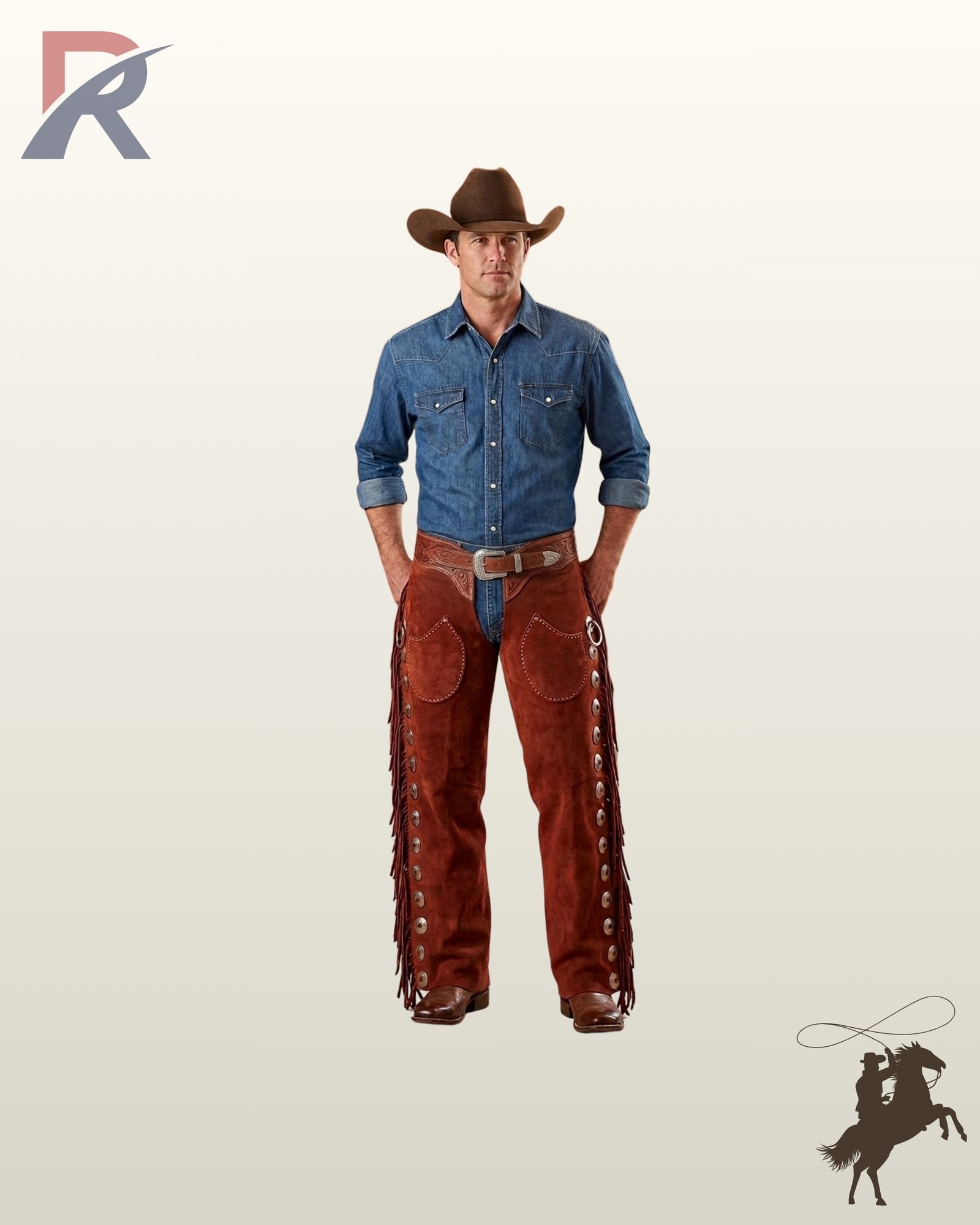 Men's western cowboy chaps crafted from reddish brown suede, styled with a denim shirt, brown felt hat, and silver engraved waist buckle.