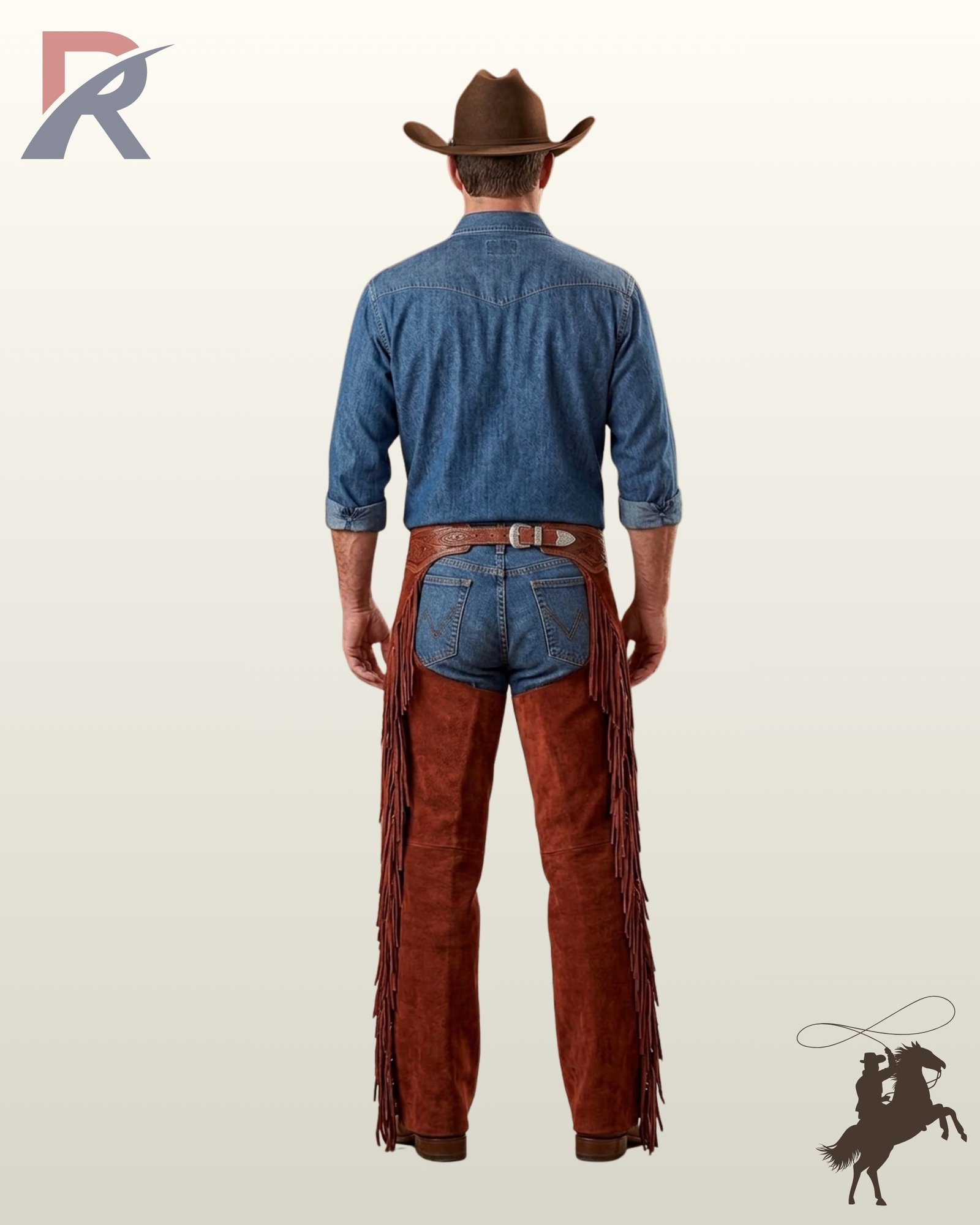 Back perspective of men's handcrafted reddish brown suede cowboy chaps showing side fringe trim, floral tooled belt band, and denim jeans.