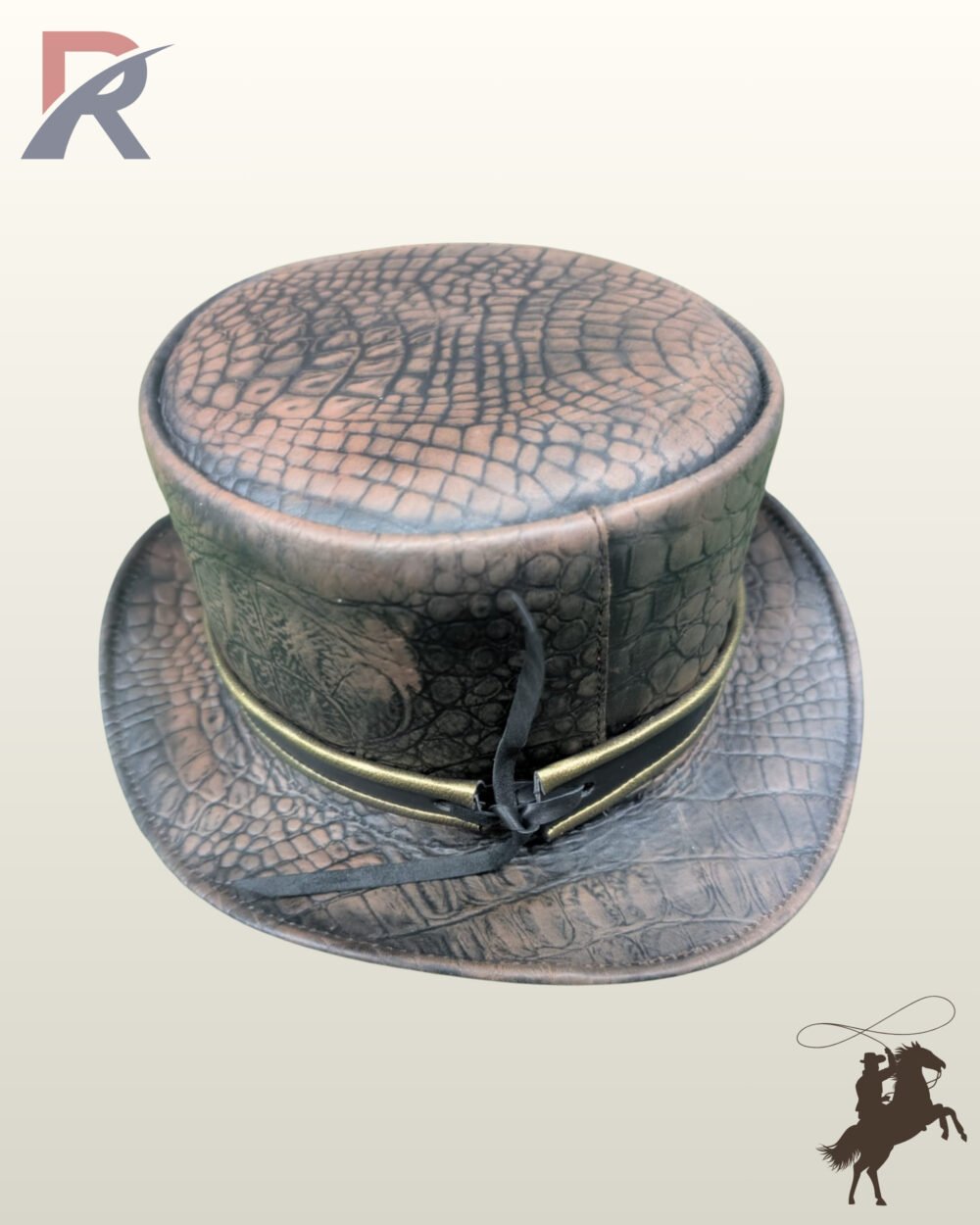 Rear view of a brown crocodile embossed leather top hat showing the back crown seam and tied black leather hatband detail.