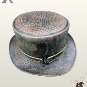 Rear view of a brown crocodile embossed leather top hat showing the back crown seam and tied black leather hatband detail.