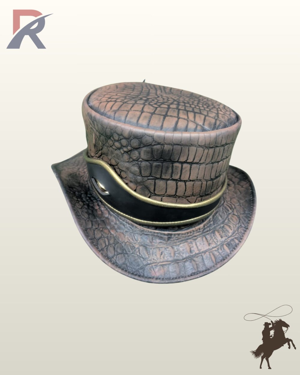 Three-quarter front profile of a brown crocodile embossed leather steampunk top hat featuring a black leather hatband with brass gold piping.