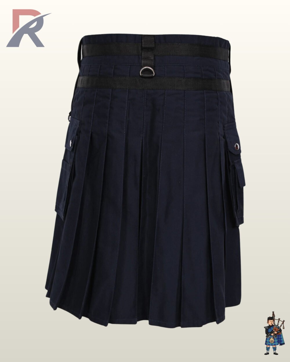 Heavy-duty red and black canvas utility kilt with side cargo pouches, D-rings, and decorative chain draping.