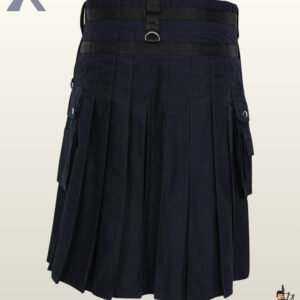 Heavy-duty red and black canvas utility kilt with side cargo pouches, D-rings, and decorative chain draping.