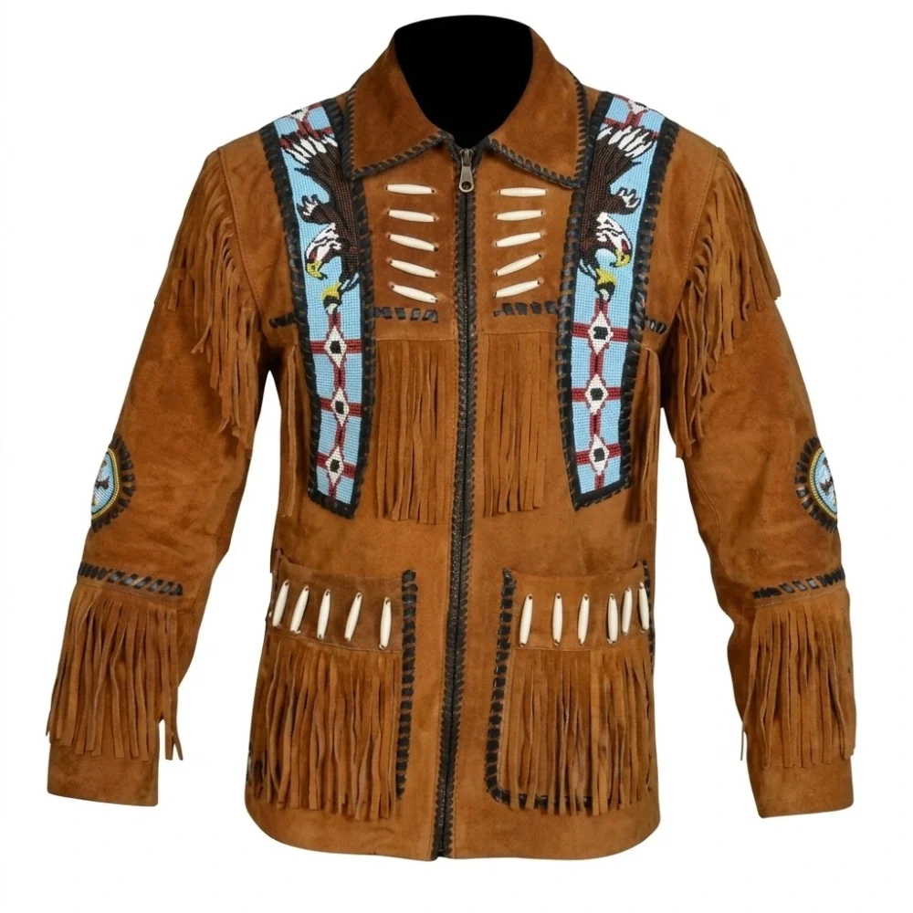 Suede Leather Western Jacket with Beads and Fringe