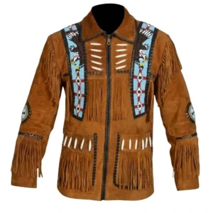 Suede Leather Western Jacket with Beads and Fringe