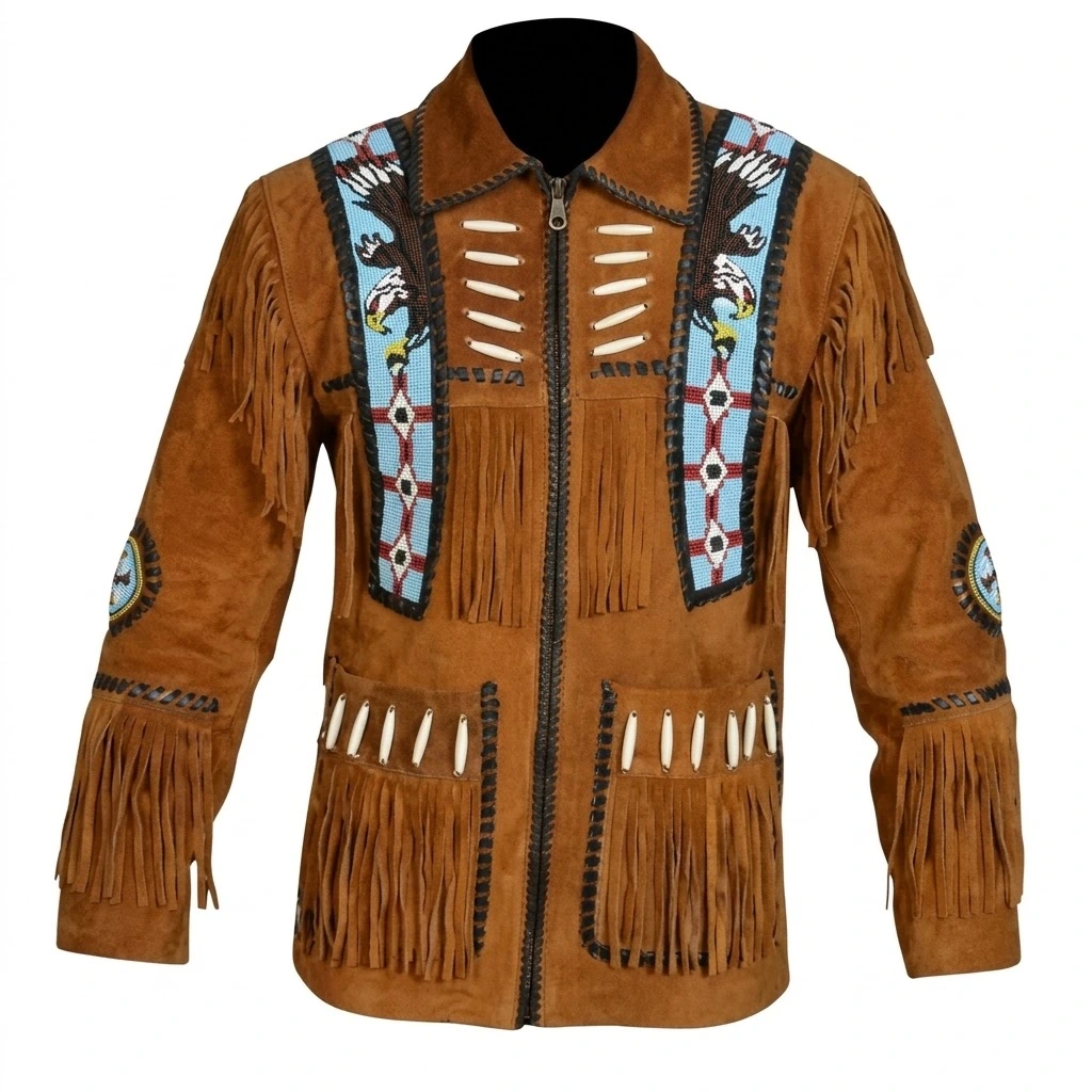 Suede Leather Western Jacket with Beads and Fringe