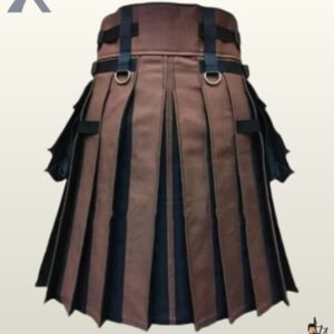 Men's alternative fashion kilt showing contrast brown pleated sides, black center apron, and metallic hardware details.