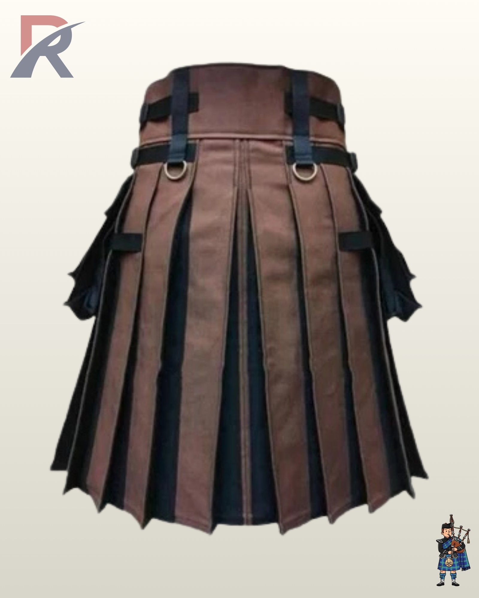 Men's alternative fashion kilt showing contrast brown pleated sides, black center apron, and metallic hardware details.