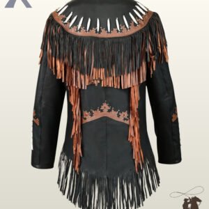 Rear view of a black suede western jacket displaying a rounded back yoke with brown leather trim, white bone beads, silver studs, and cascading two-tone fringe.