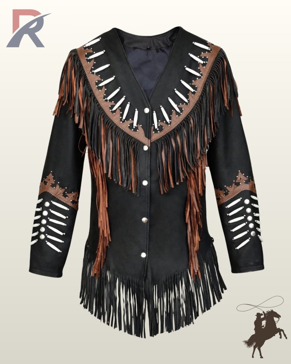 Front view of a black suede western jacket featuring a V-shaped brown leather yoke with white bone beads, silver studs, snap closures, and two-tone fringe.