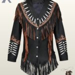 Front view of a black suede western jacket featuring a V-shaped brown leather yoke with white bone beads, silver studs, snap closures, and two-tone fringe.