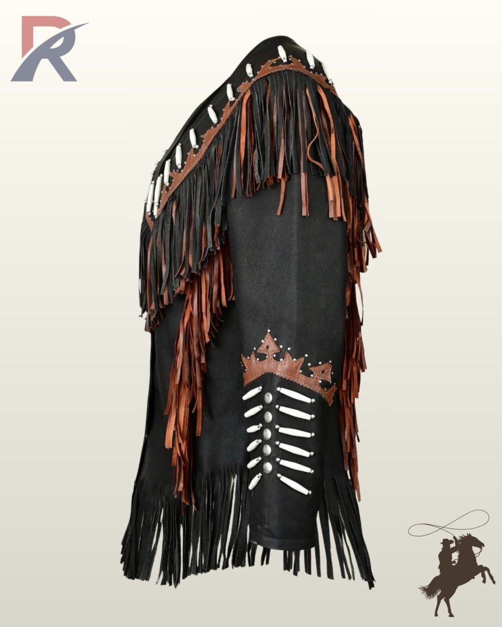 Side view of a black suede western jacket featuring two-tone black and brown fringe, white bone pipe beads, and brown crown leather trim on the sleeves.