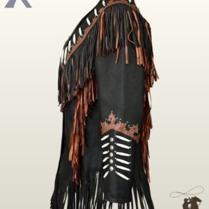 Side view of a black suede western jacket featuring two-tone black and brown fringe, white bone pipe beads, and brown crown leather trim on the sleeves.