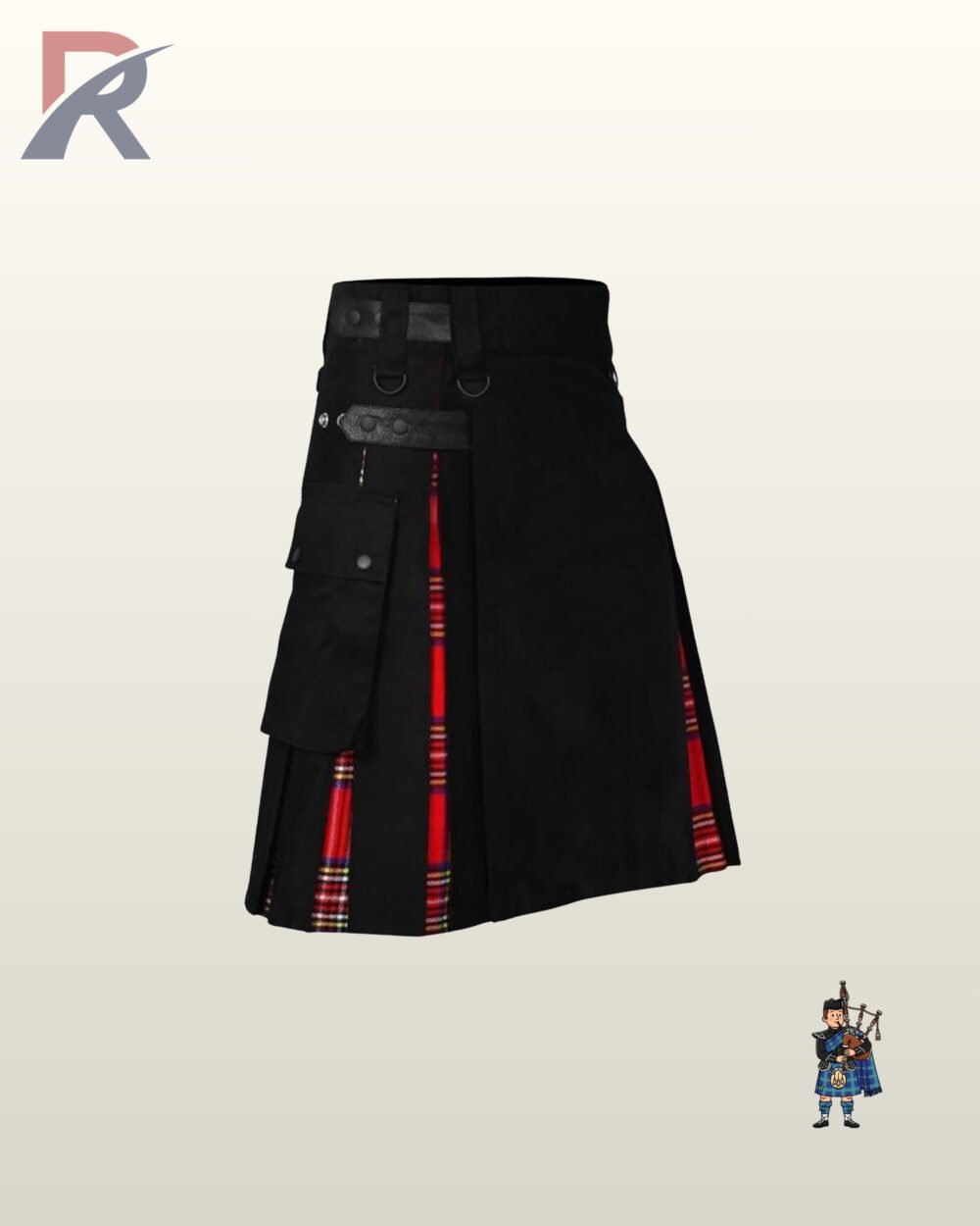 Angled side view of a men's black utility kilt showing red tartan inner pleats and a large cargo pocket.