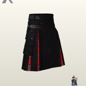 Angled side view of a men's black utility kilt showing red tartan inner pleats and a large cargo pocket.