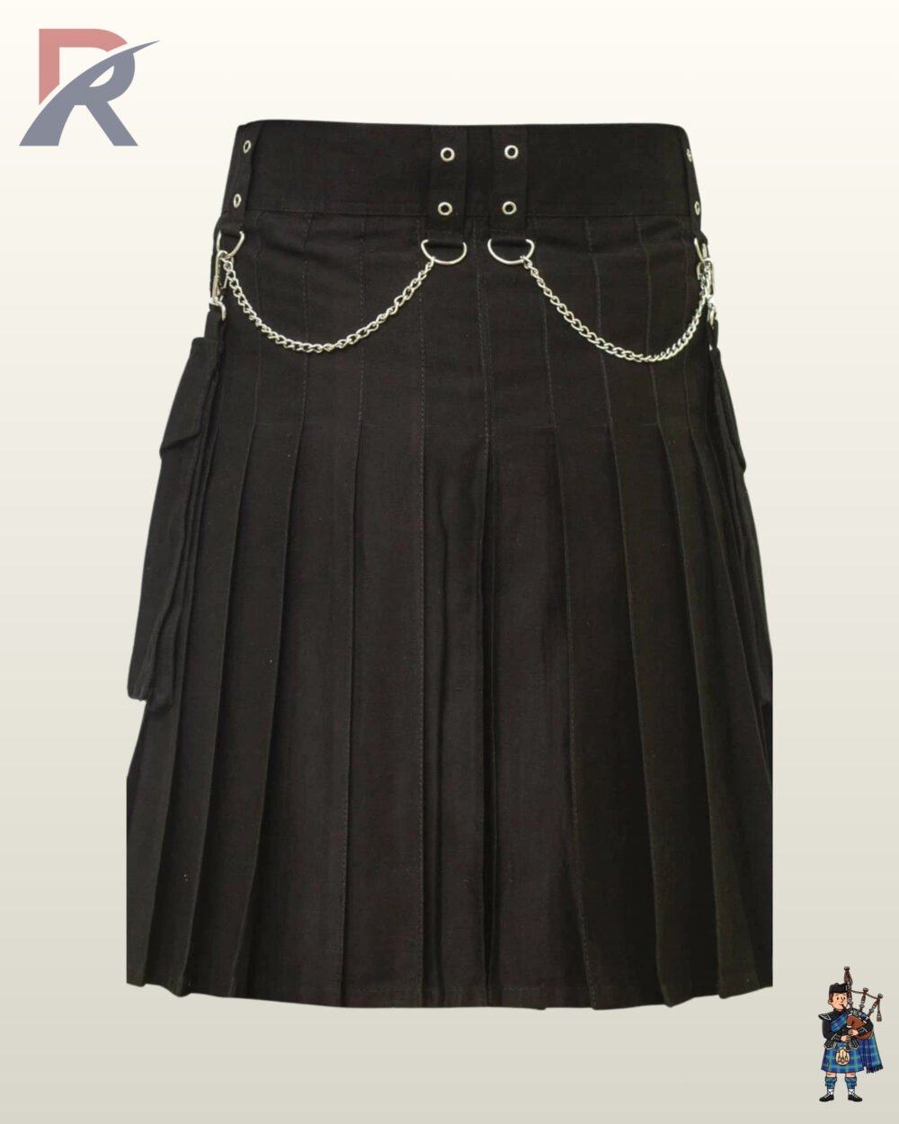 Men's alternative darkwear kilt showing flap-closure cargo pouches with ring attachments and silver side chain draping.