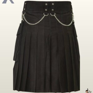Men's alternative darkwear kilt showing flap-closure cargo pouches with ring attachments and silver side chain draping.