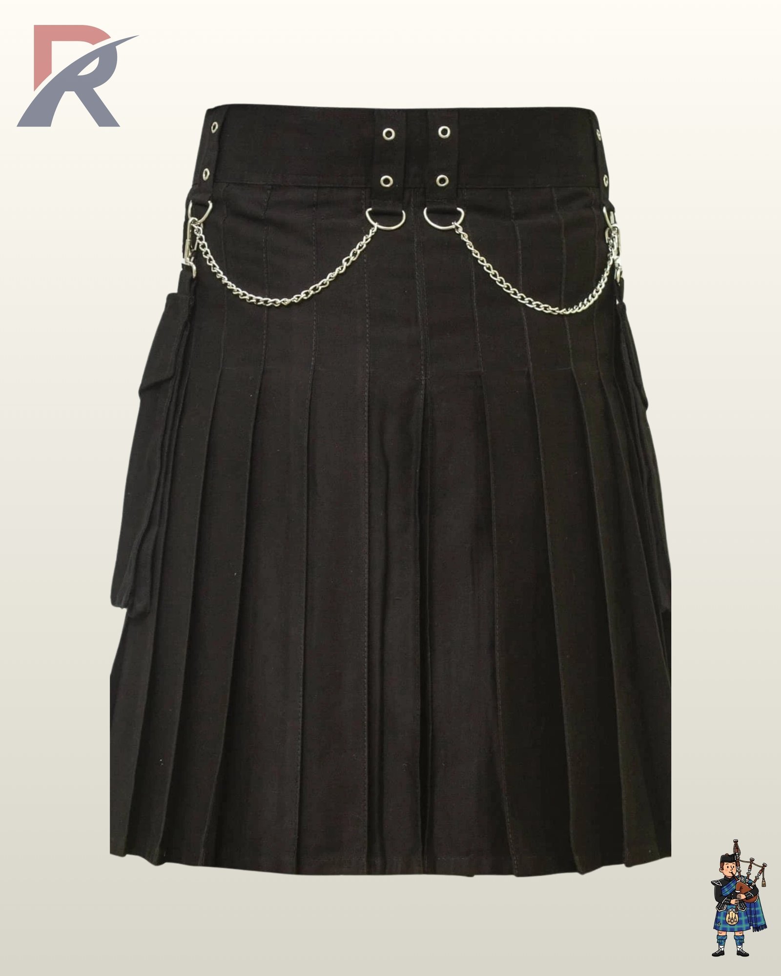 Men's alternative darkwear kilt showing flap-closure cargo pouches with ring attachments and silver side chain draping.