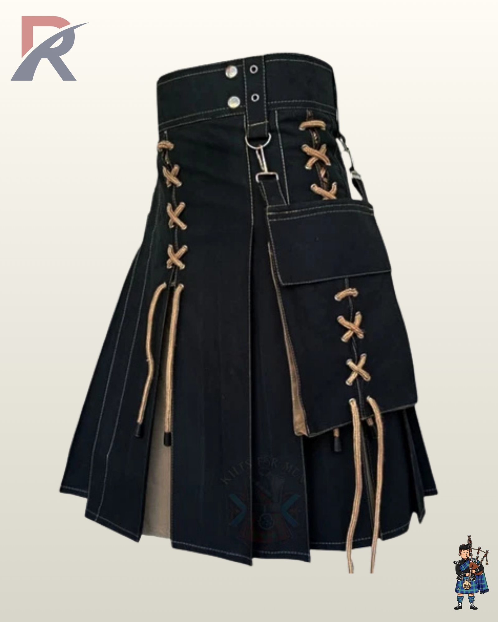 Modern black canvas kilt with beige drawstrings, metal clips, and detachable cargo pouch.