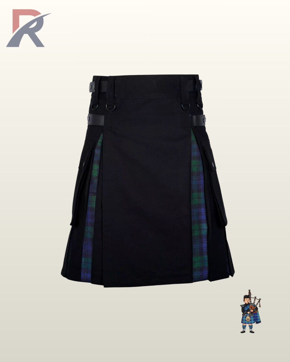 Men's hybrid cargo kilt showing black canvas outer pleats with a subtle Black Watch tartan reveal.