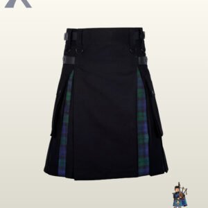 Men's hybrid cargo kilt showing black canvas outer pleats with a subtle Black Watch tartan reveal.