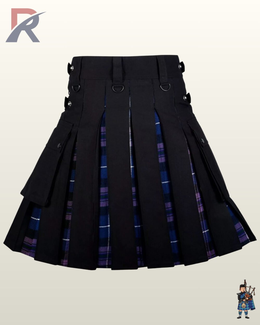 Front view of a men's black utility kilt featuring purple and blue tartan inner pleats and cargo pockets.