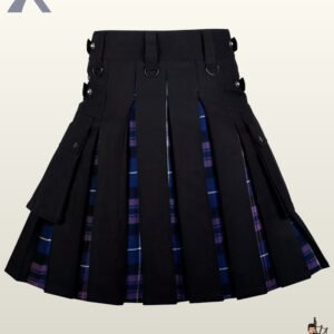 Front view of a men's black utility kilt featuring purple and blue tartan inner pleats and cargo pockets.