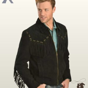 Classic men's black suede cowboy coat styled with metallic eyelet detailing along the front yokes, sleeve tassels, and a teal shirt.