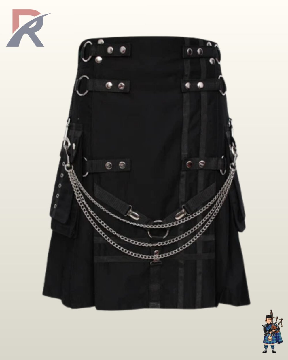 Gothic punk style men's black utility kilt displaying side cargo pouches, grommeted webbing, and chain hardware.