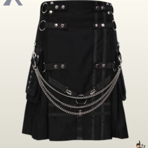 Gothic punk style men's black utility kilt displaying side cargo pouches, grommeted webbing, and chain hardware.