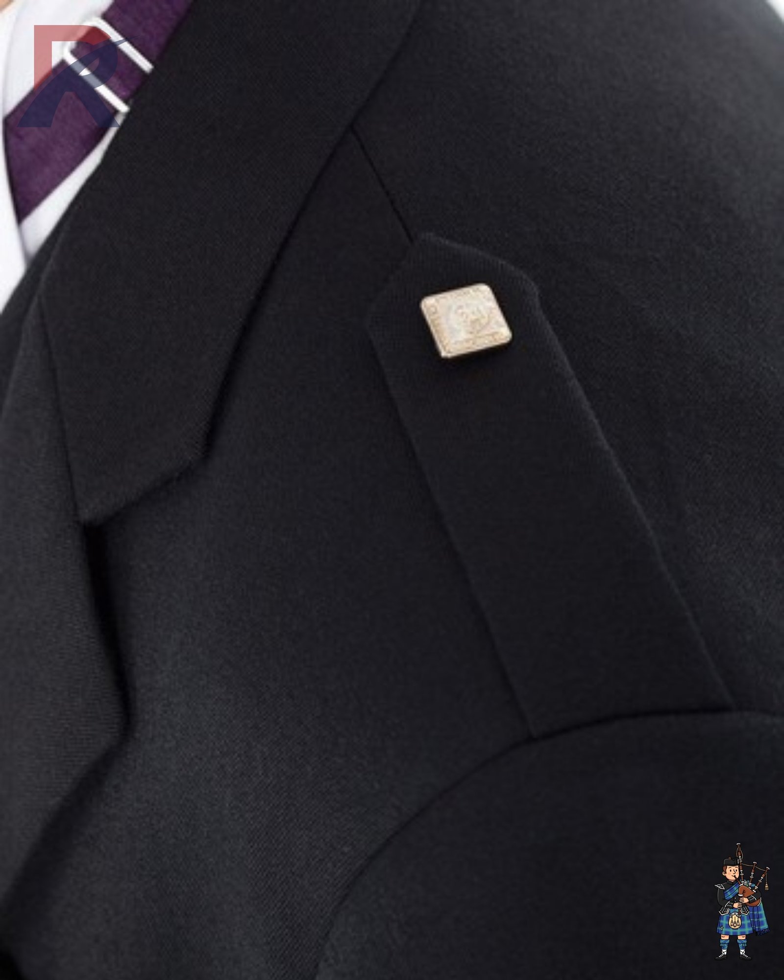 Close-up view of a men's black Argyle kilt jacket shoulder featuring a flat cloth epaulet fastened with a square silver button.