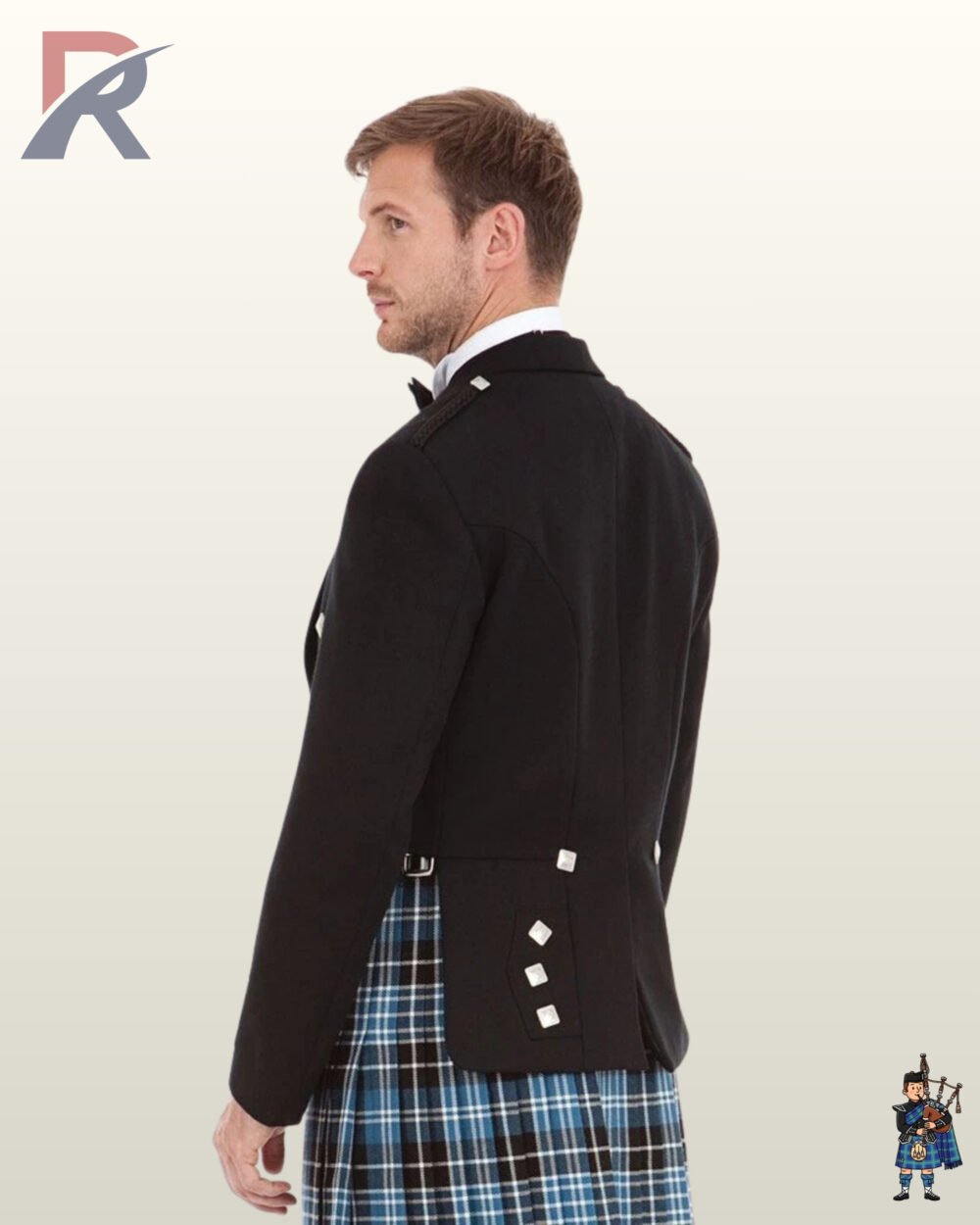 Side profile view of a man wearing a black Prince Charlie kilt jacket showing sleeve gauntlets and silver button details.