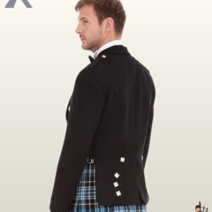 Side profile view of a man wearing a black Prince Charlie kilt jacket showing sleeve gauntlets and silver button details.