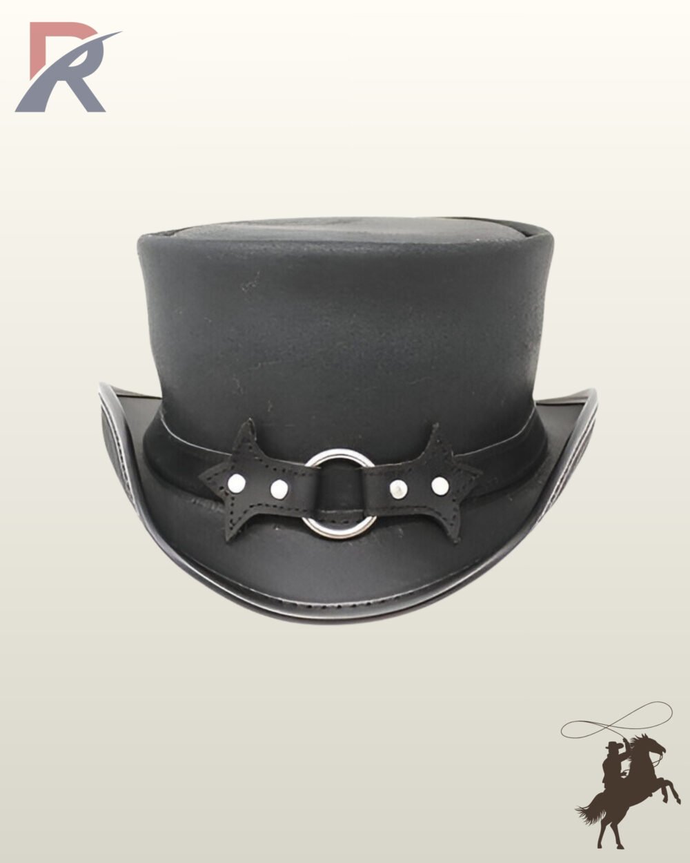 Gothic victorian style black leather top hat with a flat top crown, rolled brim sides, and a silver metal O-ring batwing accent.