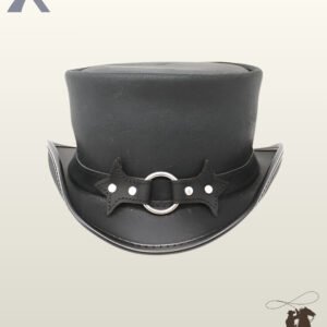 Gothic victorian style black leather top hat with a flat top crown, rolled brim sides, and a silver metal O-ring batwing accent.