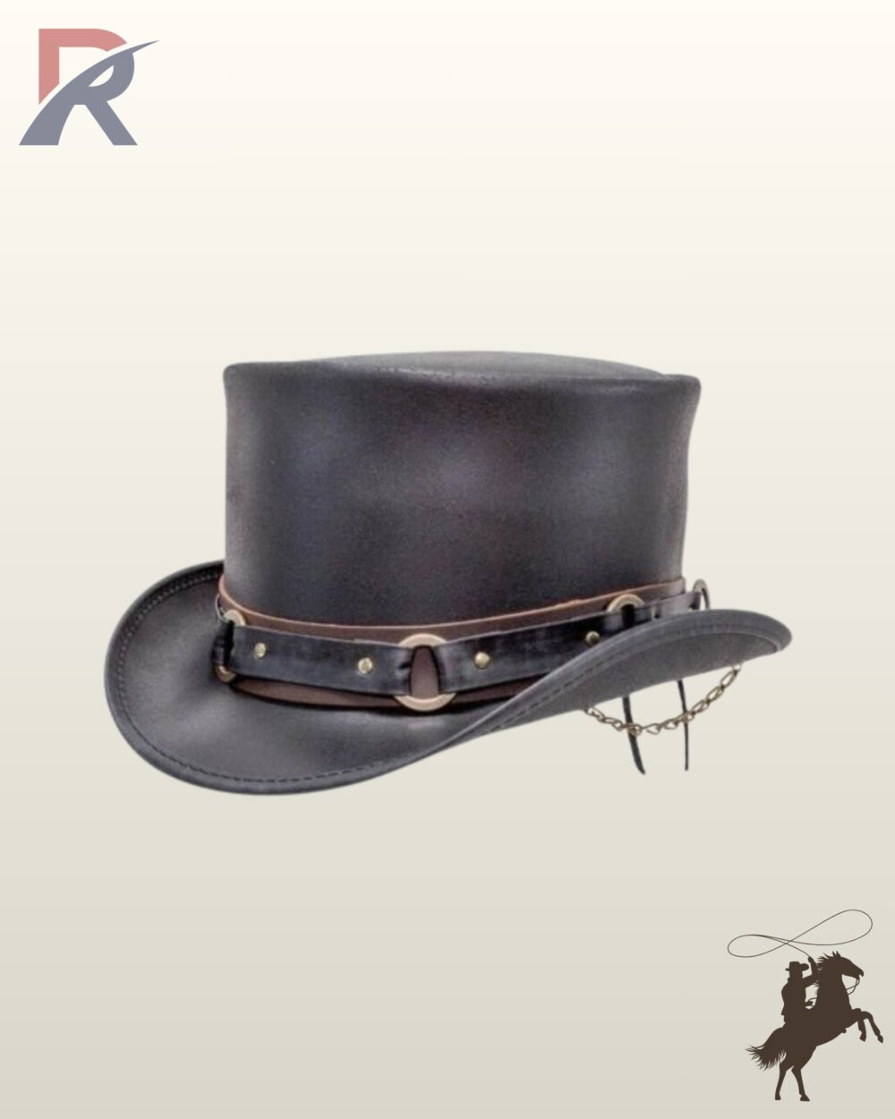 Gothic black leather top hat with a curved brim, brass O-ring hardware band, and hanging metallic chain accent.