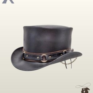 Gothic black leather top hat with a curved brim, brass O-ring hardware band, and hanging metallic chain accent.