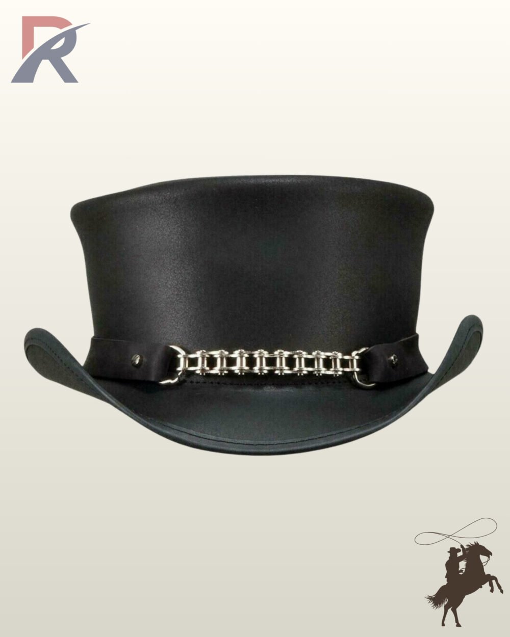 Gothic black leather top hat with a structured flat top crown, rolled brim sides, and a heavy silver chain accent across the band.