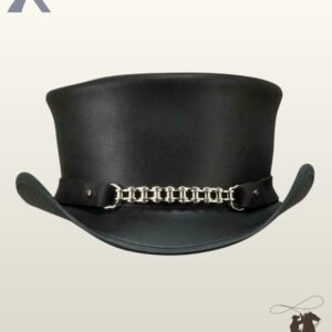 Gothic black leather top hat with a structured flat top crown, rolled brim sides, and a heavy silver chain accent across the band.