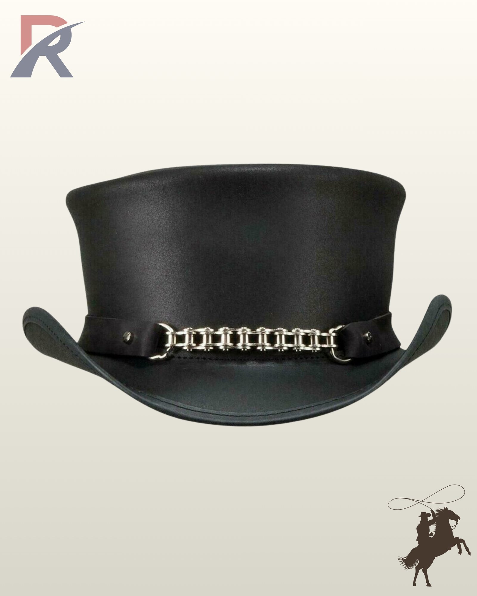 Gothic black leather top hat with a structured flat top crown, rolled brim sides, and a heavy silver chain accent across the band.