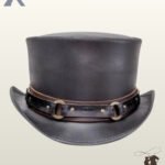 Front view of a black leather steampunk top hat featuring a dual-layer leather hatband accented with metallic O-rings and rivets.