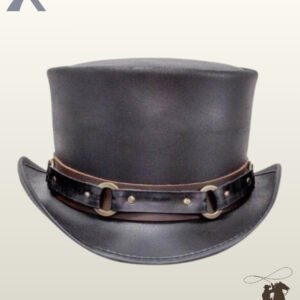 Front view of a black leather steampunk top hat featuring a dual-layer leather hatband accented with metallic O-rings and rivets.