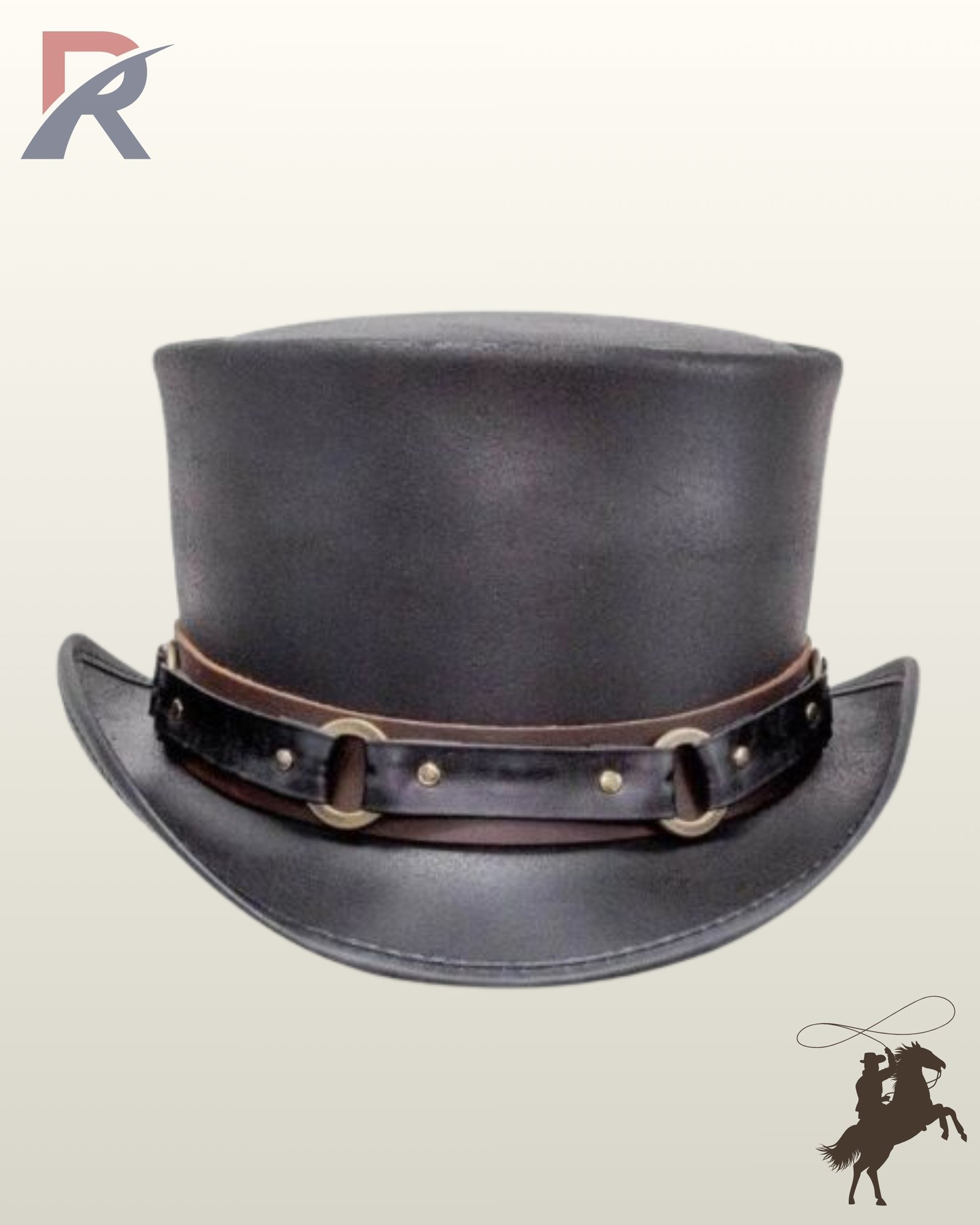 Front view of a black leather steampunk top hat featuring a dual-layer leather hatband accented with metallic O-rings and rivets.