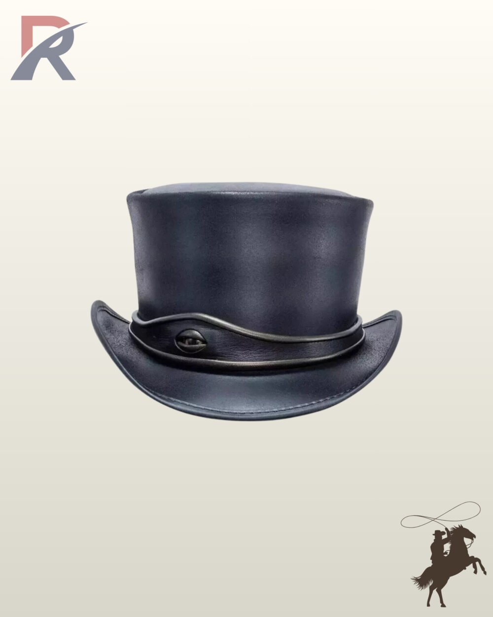 Front view of a black leather steampunk top hat adorned with a central metallic eye emblem set between wrapped leather band straps.