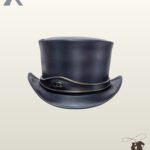 Front view of a black leather steampunk top hat adorned with a central metallic eye emblem set between wrapped leather band straps.