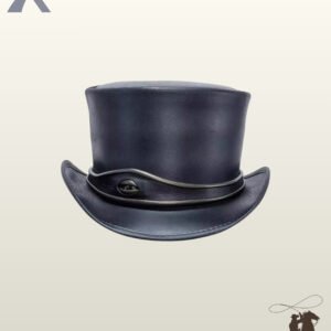 Front view of a black leather steampunk top hat adorned with a central metallic eye emblem set between wrapped leather band straps.