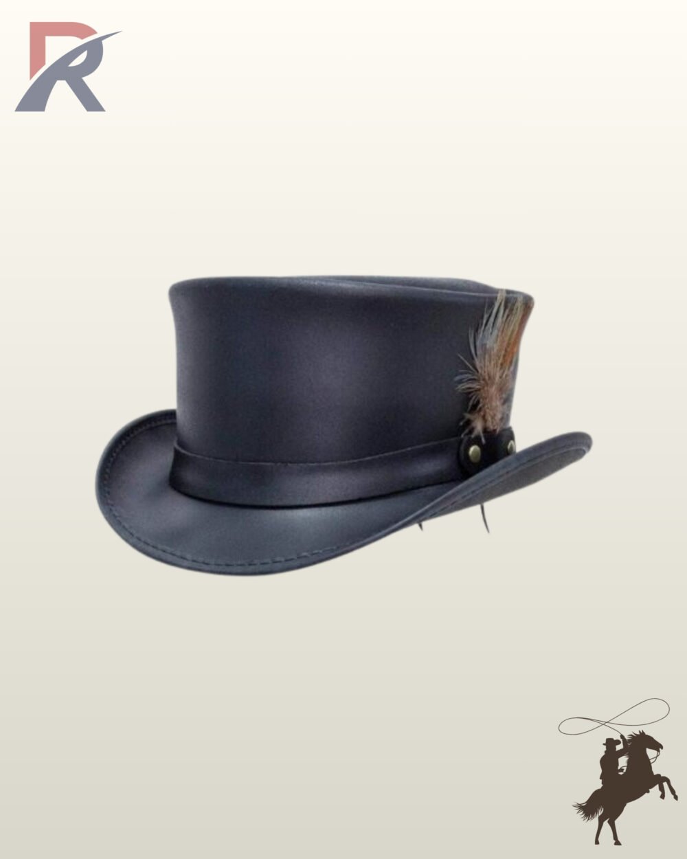 Handcrafted victorian style black leather top hat showing its structured crown, curved rolled brim, and natural feather detail.