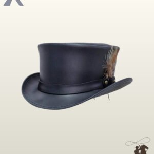 Handcrafted victorian style black leather top hat showing its structured crown, curved rolled brim, and natural feather detail.