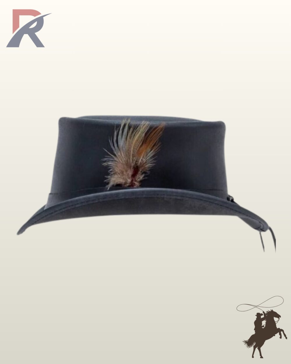 Front profile view of a black leather steampunk top hat displaying its natural feather plume embellishment and rear hatband hanging ties.